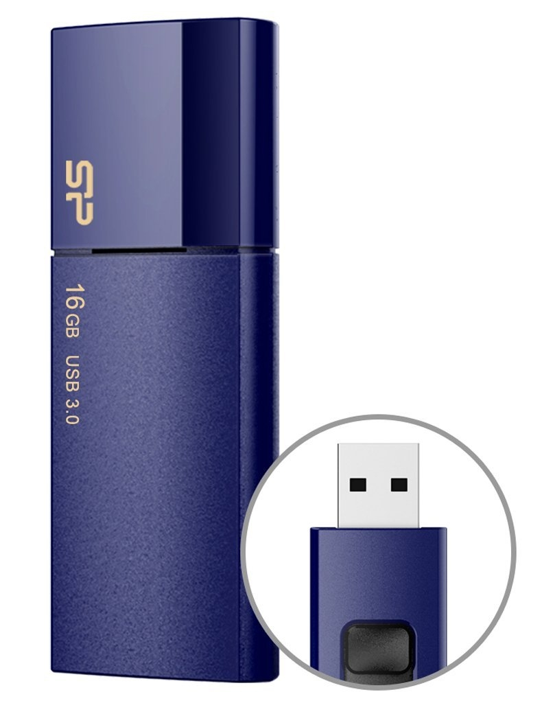 Błyszczący niebieski pendrive 16 GB USB 3.0 z powiększeniem złącza.