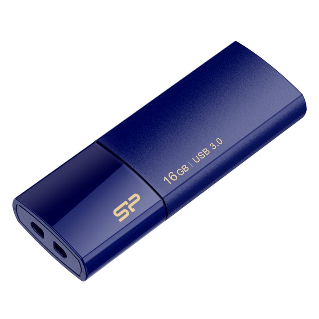 Niebieska pamięć USB 3.0 o pojemności 16 GB ze złotym logo SP na białym tle.