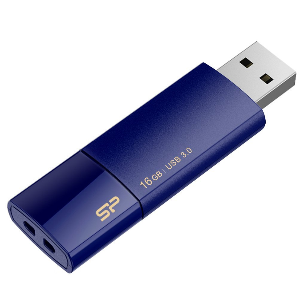 Niebieska pamięć flash USB 3.0 o pojemności 16 GB ze złotym napisem na białym tle.