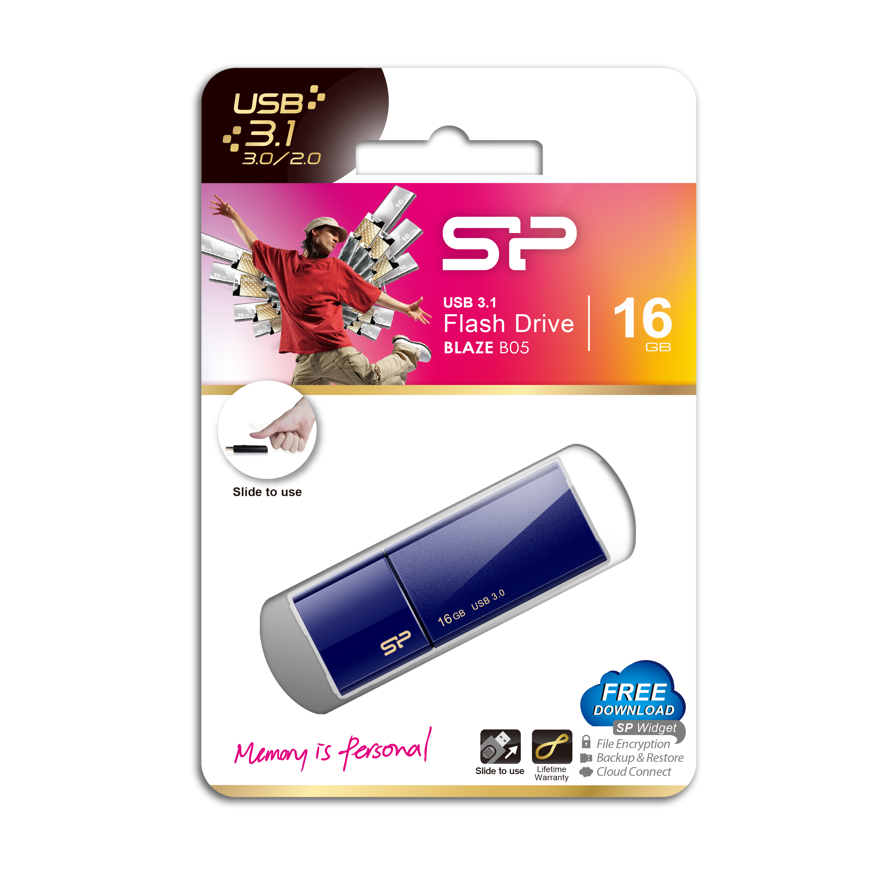 Opakowanie niebieskiej pamięci USB 3.1 o pojemności 16 GB ze skaczącą osobą.