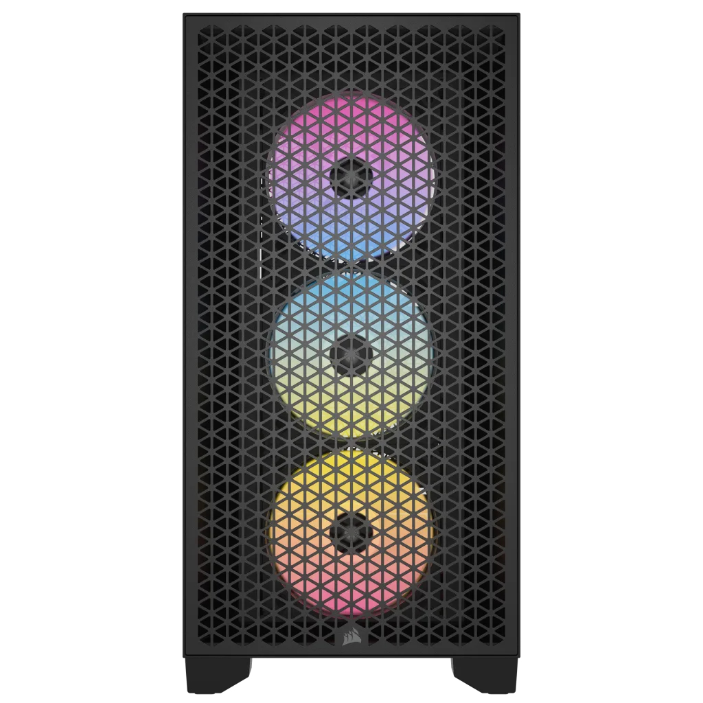 Czarna obudowa PC z trójkątną siatką z przodu i trzema wentylatorami RGB w kolorze różowym, niebieskim i żółtym.