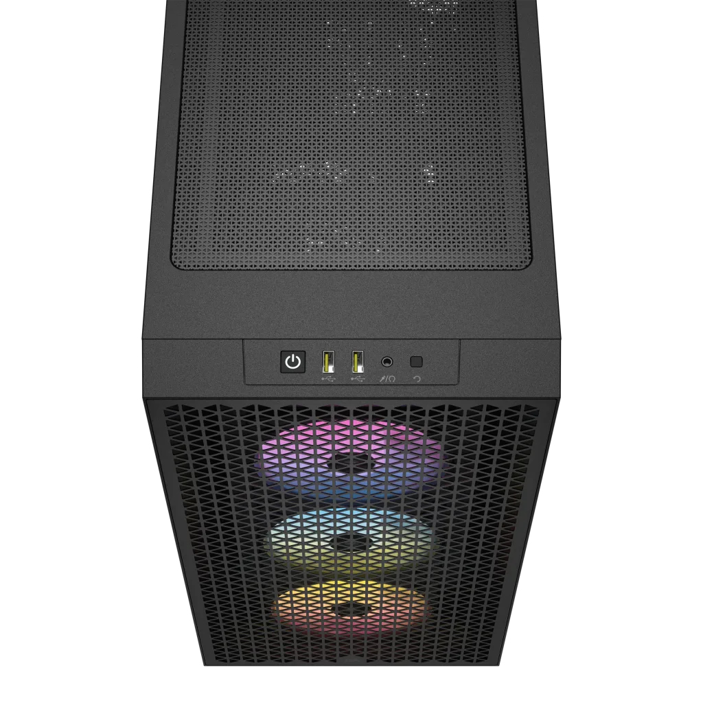 Czarna obudowa komputera z siatkowym panelem przednim, przyciskiem zasilania, portami USB i trzema wentylatorami RGB.
