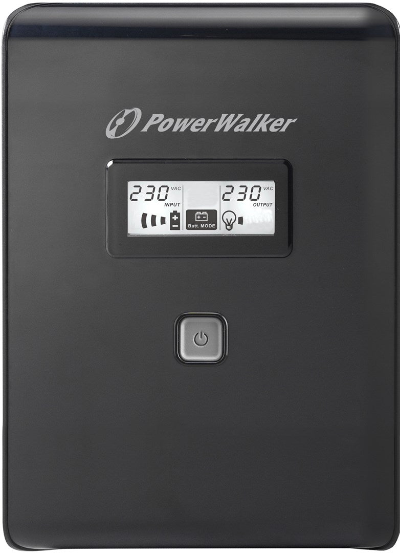 Eine schwarze PowerWalker USV mit einem Digitaldisplay für 230 VAC Ein- und Ausgang sowie einem Power-Knopf darunter.