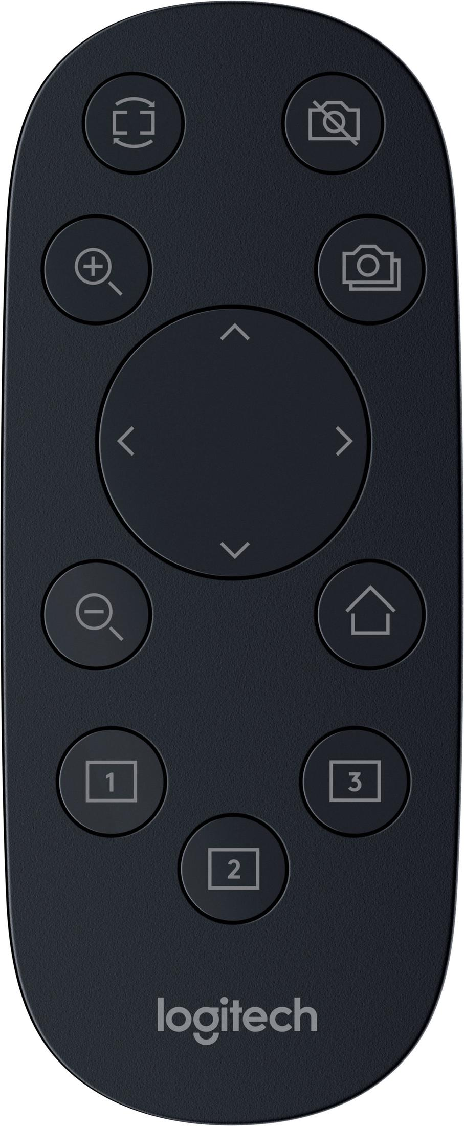 Schwarze Logitech-Fernbedienung mit runden Tasten für Zoom, Kamera und Navigation.
