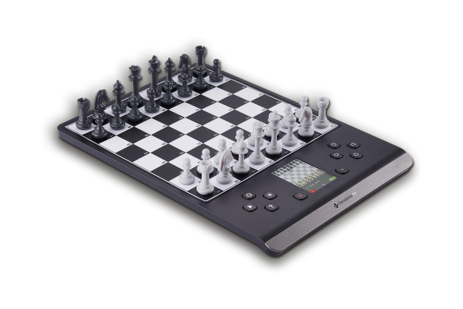 Ein elektronisches ChessGenius Pro Schachspiel mit schwarzen und weißen Figuren und Display.
