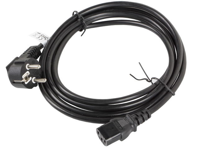 A coiled black power cable with a European plug and a C13 connector on a white background.