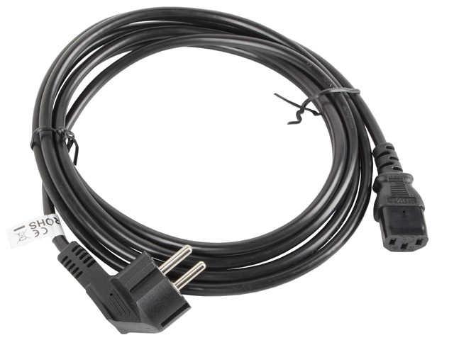 A black power cable with an angled Schuko plug and a C13 connector on a white background.