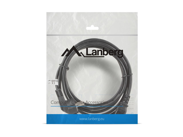 A Lanberg power cable inside a clear plastic bag with a blue bottom and brand logo.