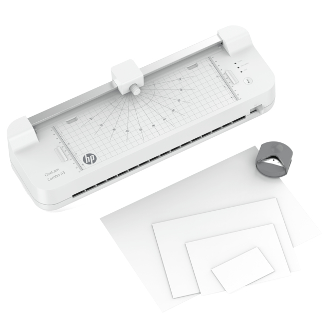 Biały laminator HP A3 z obcinarką, zaokrąglaczem narożników i białymi kartkami na białym tle.