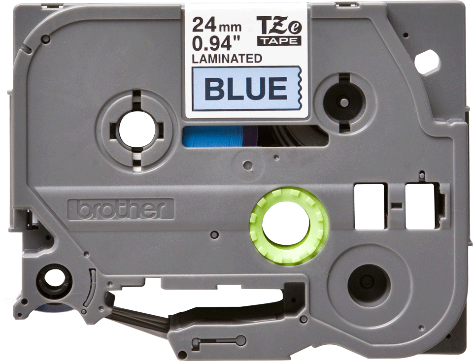 Eine graue Brother TZe Schriftbandkassette mit weißem Etikett für 24mm, 0.94 Zoll und blaues Band.