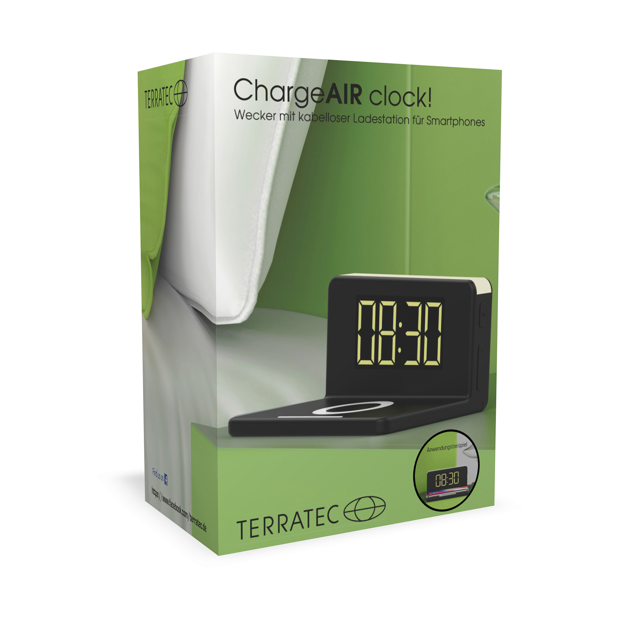 Product box for the Terratec ChargeAIR Clock, an alarm clock with a wireless charging pad, against a green background.
