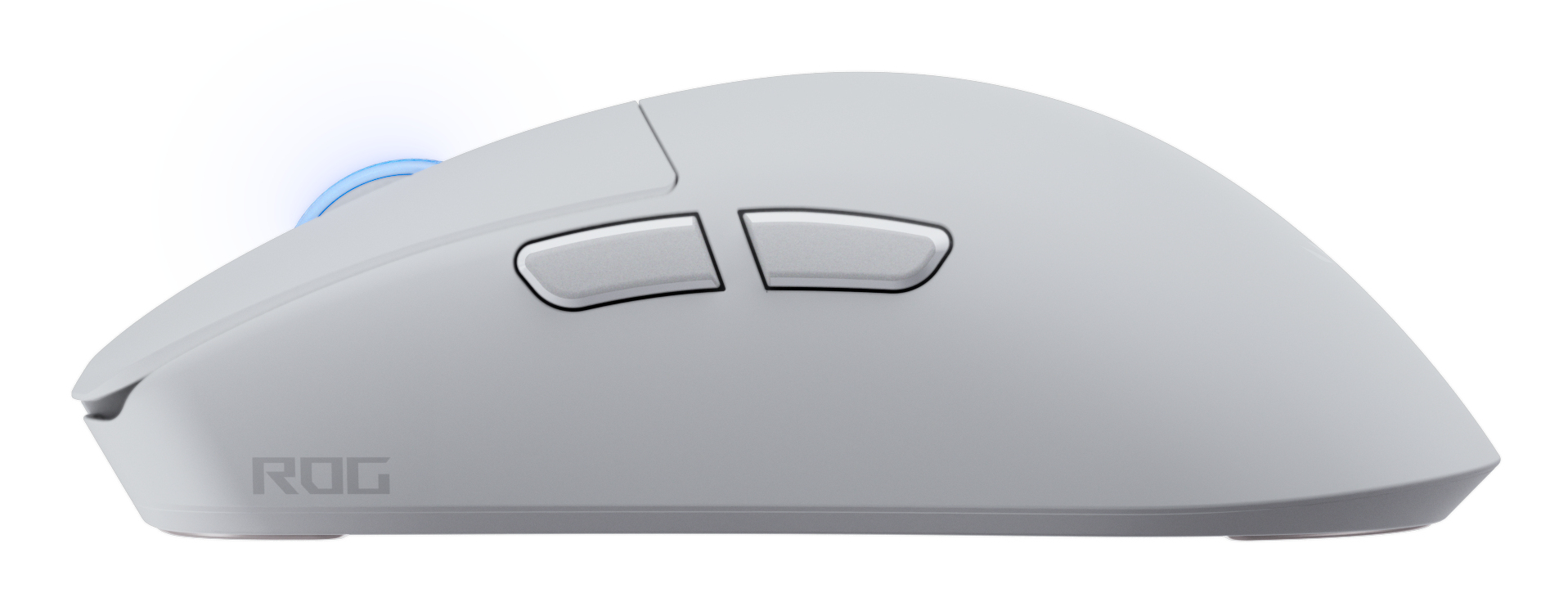 Vista laterale di un mouse da gioco ROG bianco con due tasti laterali e rotellina con luce blu.