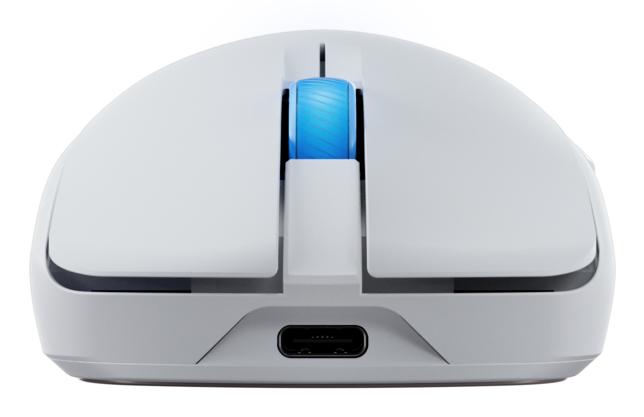 Un mouse per computer bianco visto frontalmente, con una rotella di scorrimento blu e una porta USB-C.