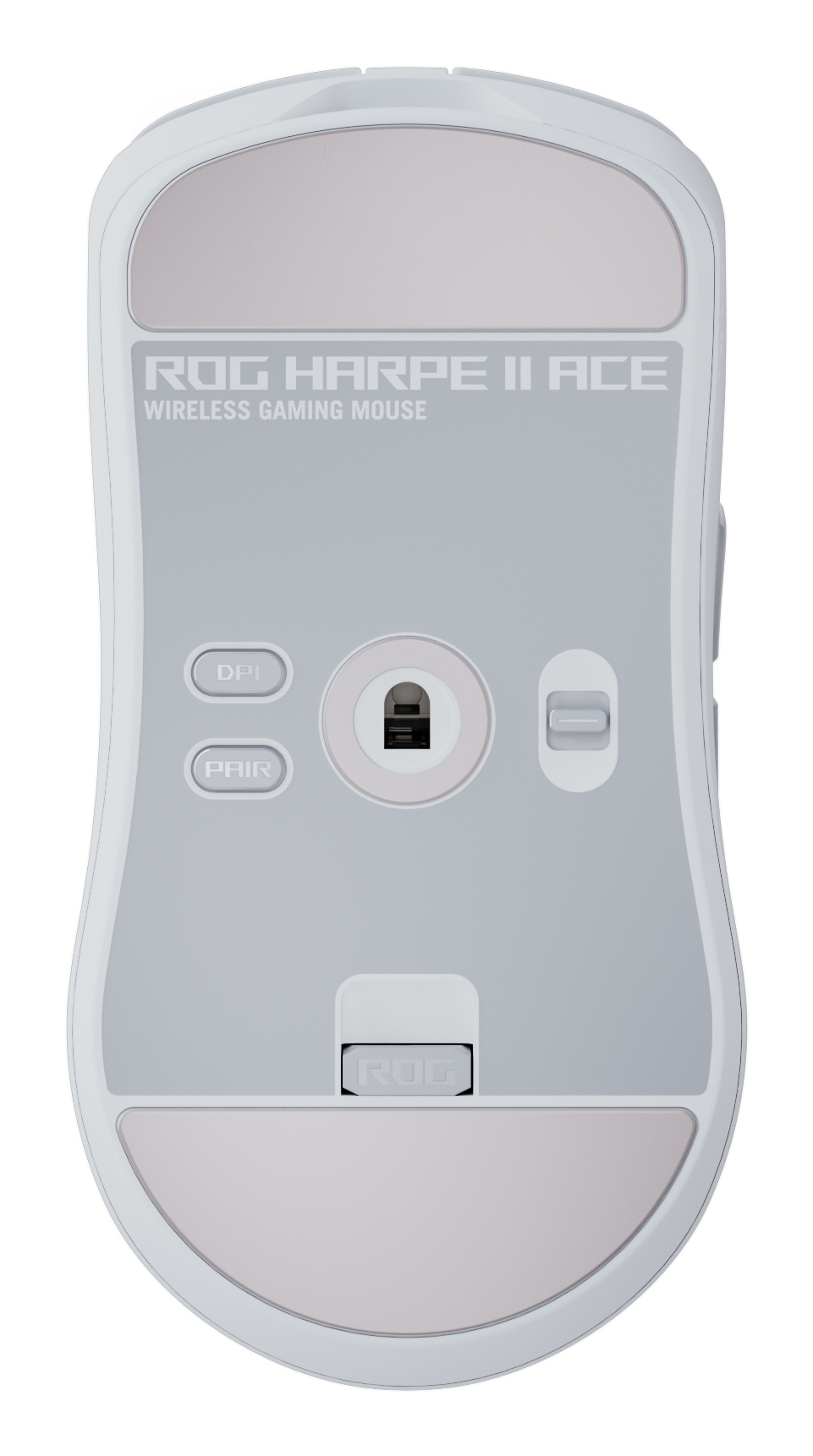 Parte inferiore di un mouse da gioco wireless ROG Harpe II Ace bianco con sensori e pulsanti.