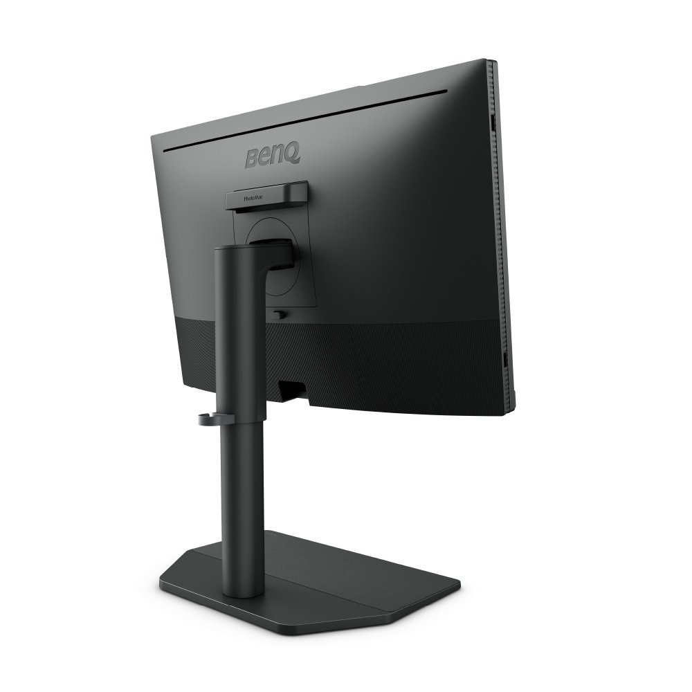 Rear view of a black BenQ computer monitor on a sturdy stand against a white background.