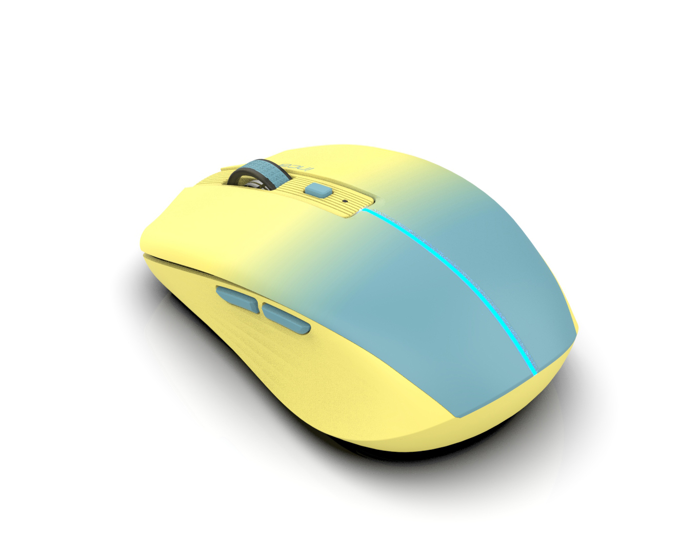 A yellow and blue wireless computer mouse with a blue LED strip on a white background.