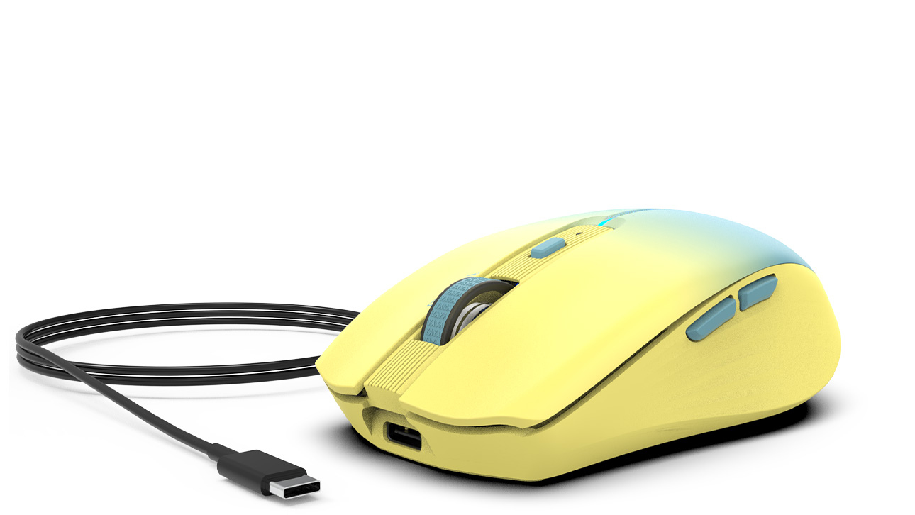 Yellow wireless computer mouse with blue gradient, scroll wheel, and attached black USB cable on a white background.