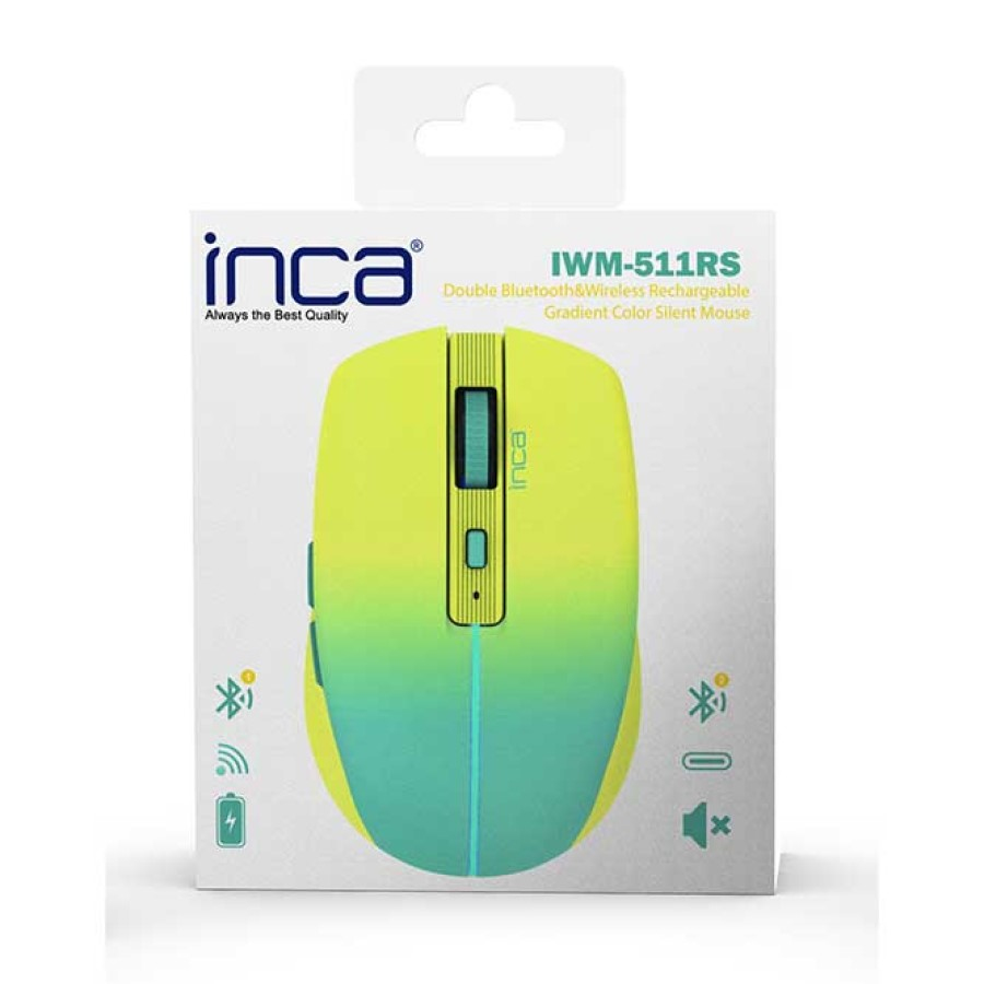 Packaging for the Inca IWM-511RS rechargeable wireless mouse, featuring a yellow-to-teal gradient design.