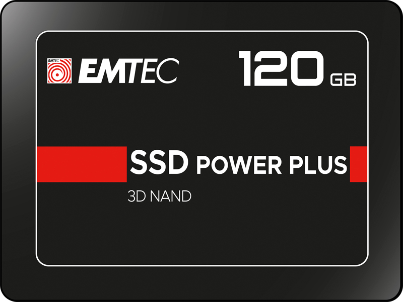 Black Emtec SSD Power Plus 120GB with red accent and white lettering.