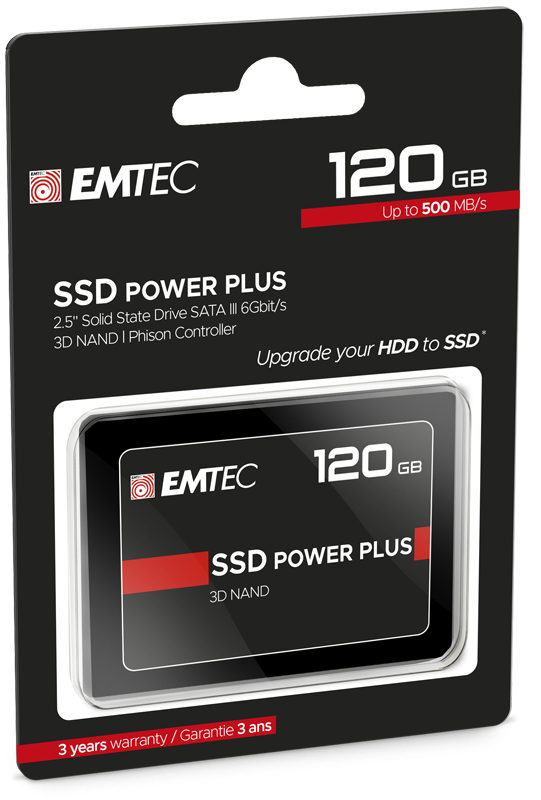 Packaging of an Emtec SSD Power Plus 120 GB hard drive with technical details.