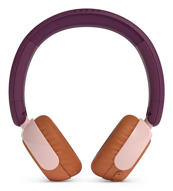 Kabelloser Over-Ear-Kopfhörer mit dunkelviolettem Bügel, hellrosa Ohrmuscheln und braunen Lederkissen.