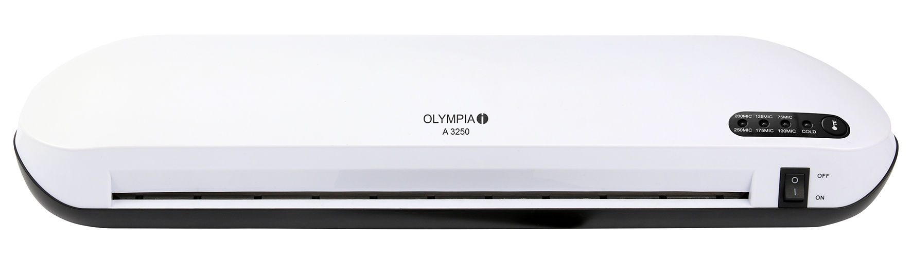Ein weißer Olympia A 3250 Laminator mit schwarzen Details auf weißem Hintergrund.
