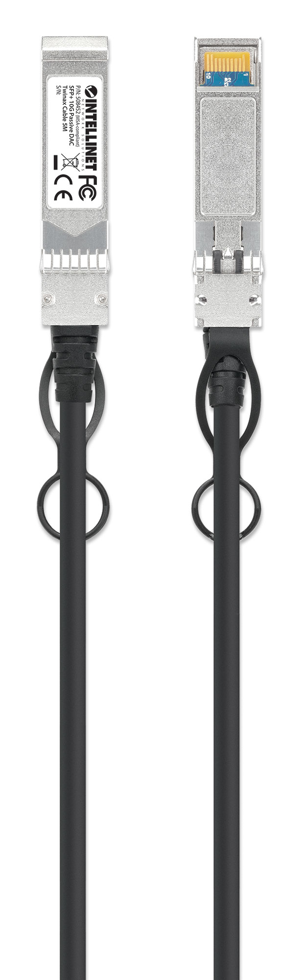 Dos vistas de un cable twinax DAC pasivo Intellinet SFP+ 10G con conectores metálicos y cable negro.