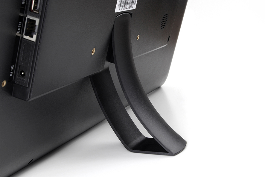 Rückansicht eines schwarzen Monitors mit gebogenem Standfuß und sichtbaren Anschlüssen.