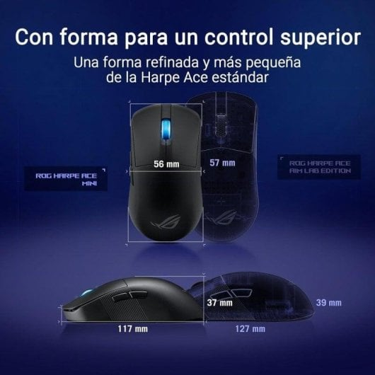 Comparison of black ROG mouse dimensions, showing width and length in mm against a larger translucent model.