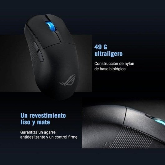 A black ultralight wireless gaming mouse with blue scroll wheel light, showing text in Spanish.