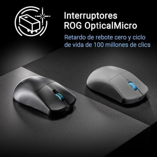 Two black ROG gaming mice with blue scroll wheels on a black surface and text in the background.