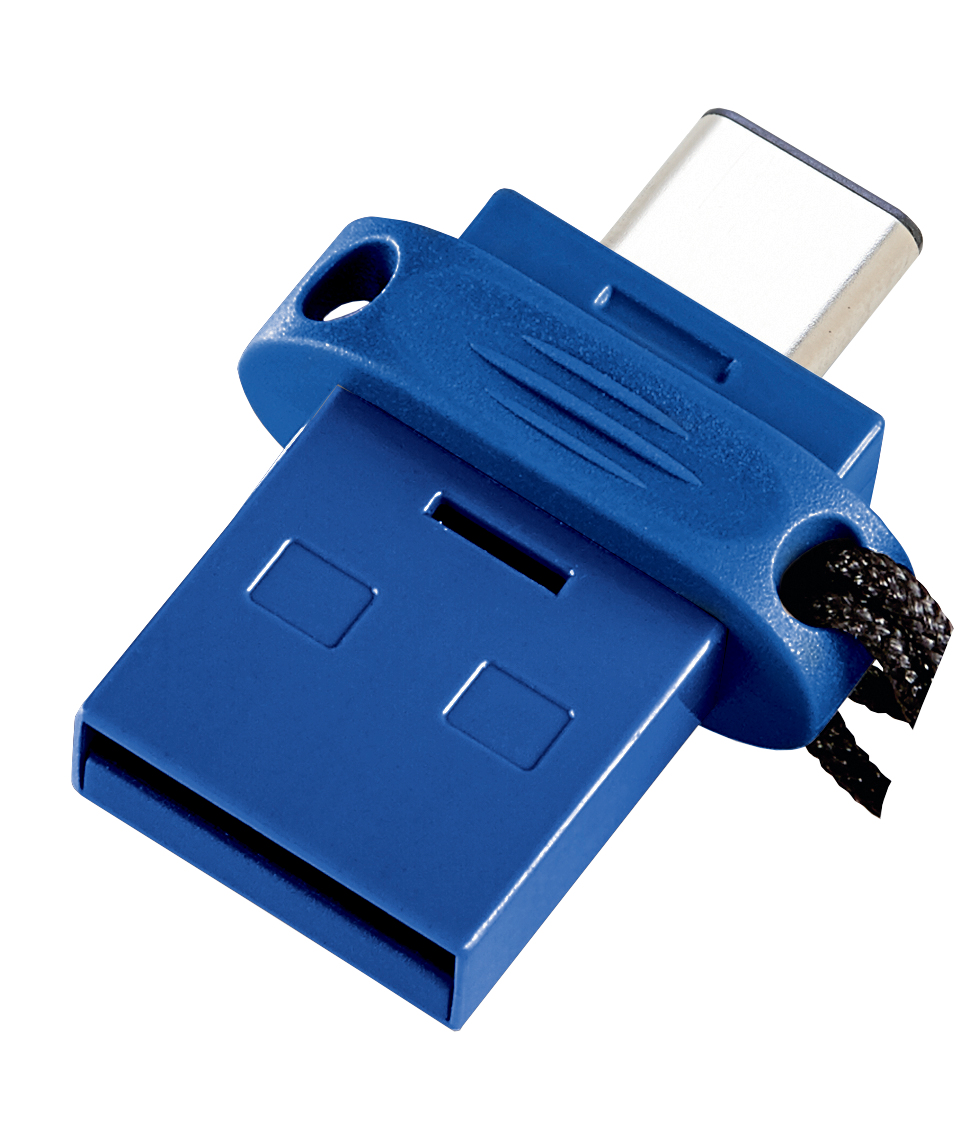 Una memoria USB azul con un conector USB-C y un cordón negro.