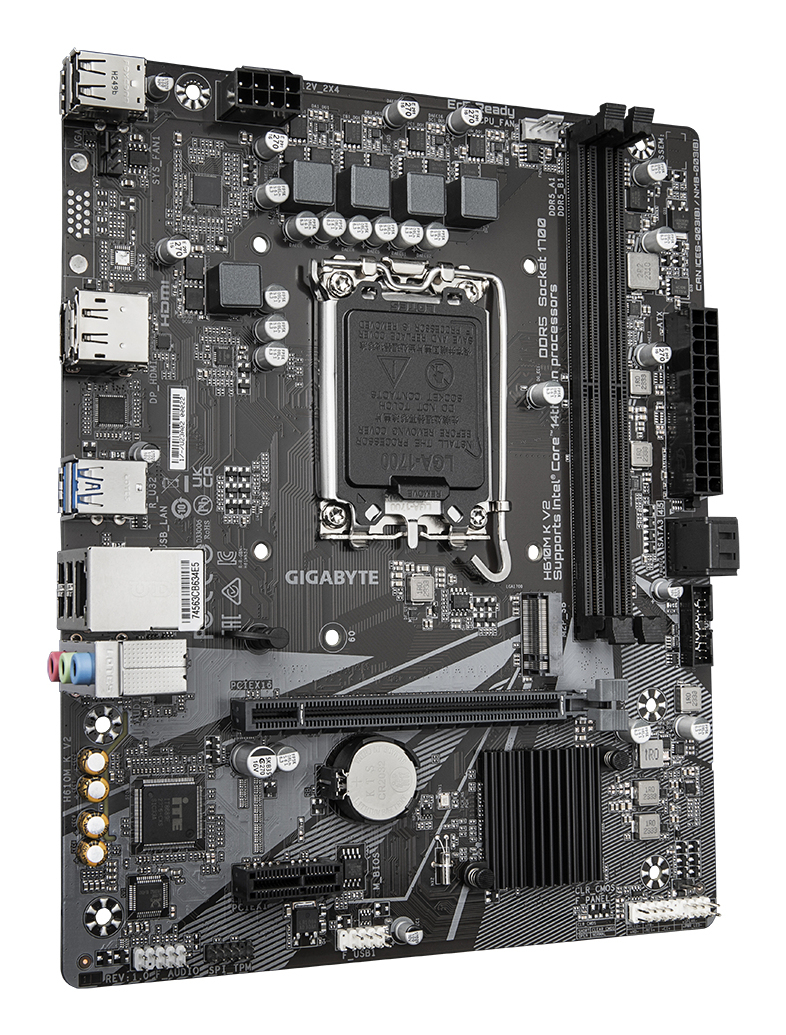 Una scheda madre nera Gigabyte H610M K V2 con socket LGA1700, slot DDR5 e vari componenti elettronici.