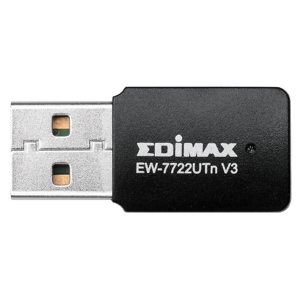 Ein schwarzer Edimax EW-7722UTn V3 USB-WLAN-Adapter vor weißem Hintergrund.