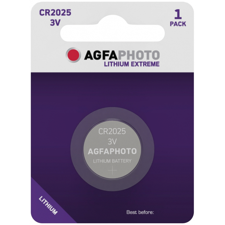Agfaphoto CR2025 3V Lithium-Knopfzelle in der violett-weißen Blisterverpackung.