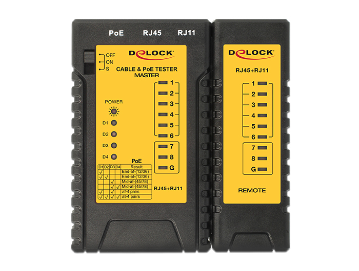 Un tester per cavi e PoE Delock con unità master e remota su sfondo bianco.