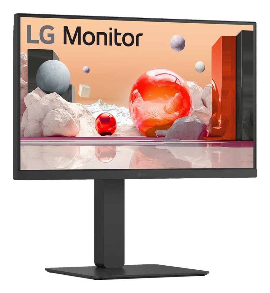 Czarny monitor LG wyświetla surrealistyczny, abstrakcyjny krajobraz z czerwonymi i szarymi kształtami.