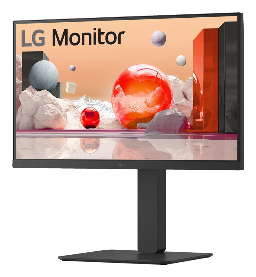 Monitor LG na czarnej podstawie wyświetla abstrakcyjną, kolorową grafikę.