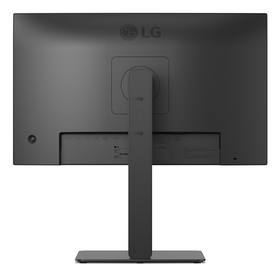 Tył czarnego monitora LG z centralną podstawą na jasnym tle.