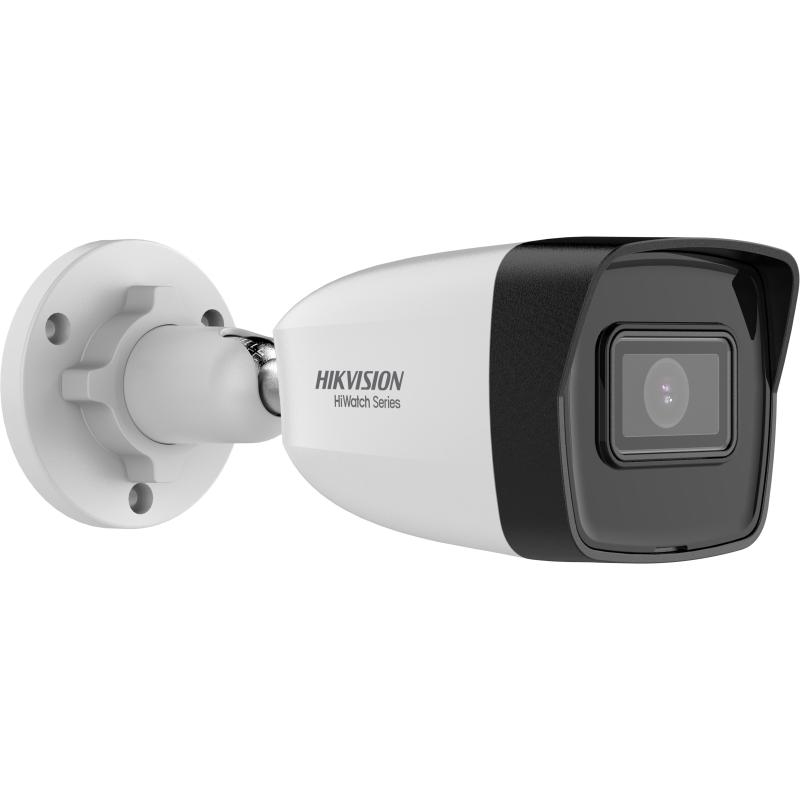 Eine weiße Hikvision HiWatch Überwachungskamera mit Wandhalterung auf weißem Hintergrund.