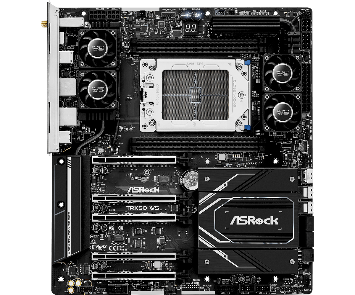 Una scheda madre dettagliata con componenti elettronici, connettori, dissipatori e un socket CPU centrale.