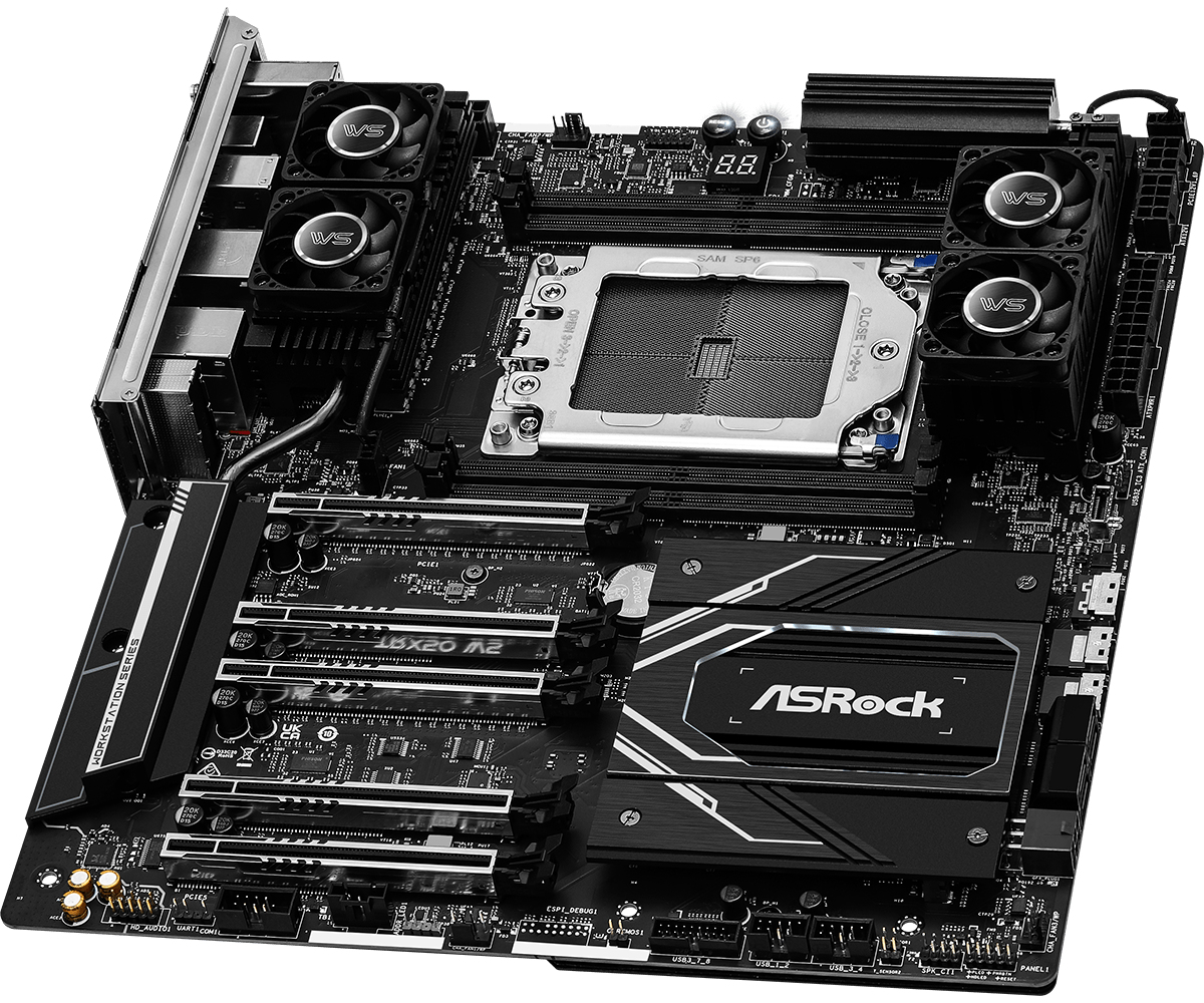 Scheda madre nera per workstation ASRock con socket CPU, dissipatori, quattro piccole ventole e slot PCIe.