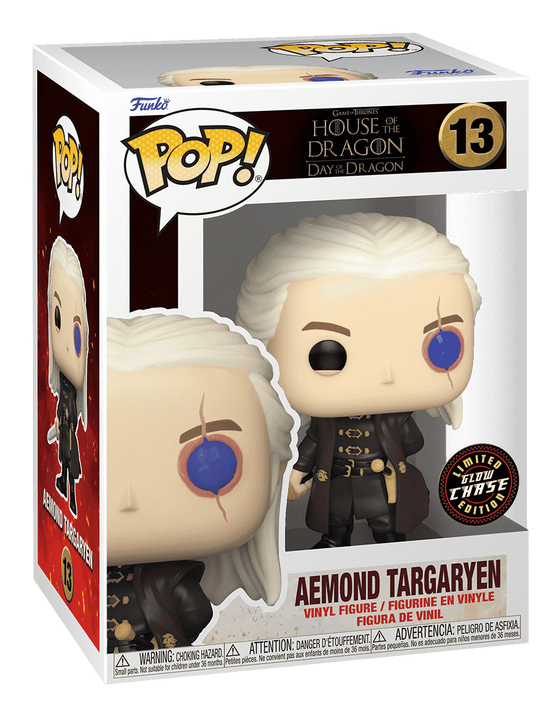 Action figure Funko Pop di Aemond Targaryen da House of the Dragon nella sua scatola.