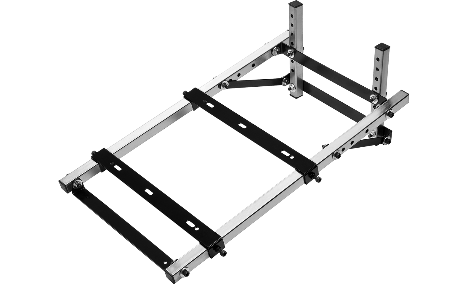 Un soporte de fitness de metal negro y plateado sobre fondo oscuro.