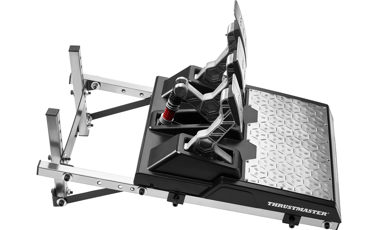 Pedales de carreras Thrustmaster negros con detalles metálicos y un reposapiés texturizado sobre fondo oscuro.