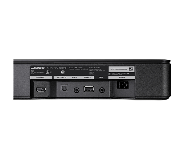 Panel trasero de una barra de sonido Bose con puertos HDMI, óptico, auxiliar, servicio, graves y alimentación.