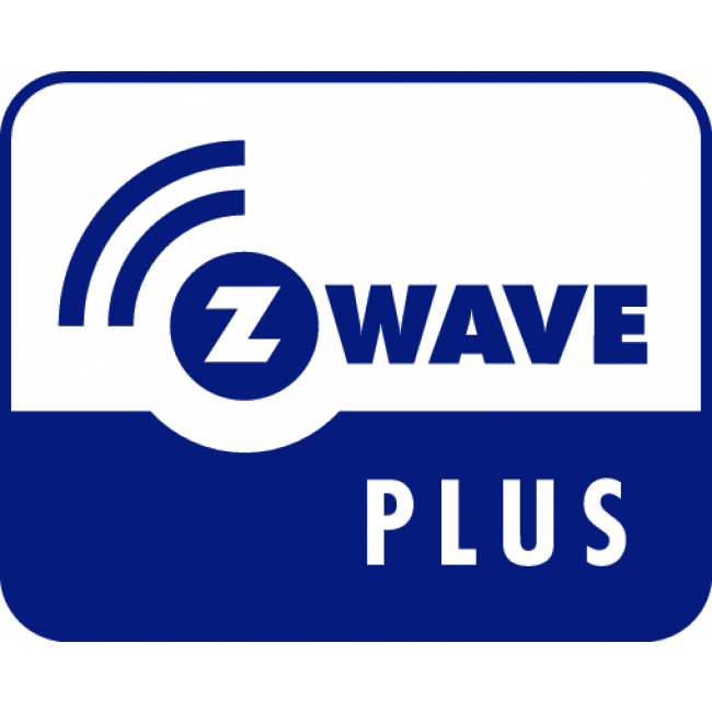 Das blau-weiße Z-Wave Plus Logo zeigt Signalwellen und den Text Z-Wave Plus.