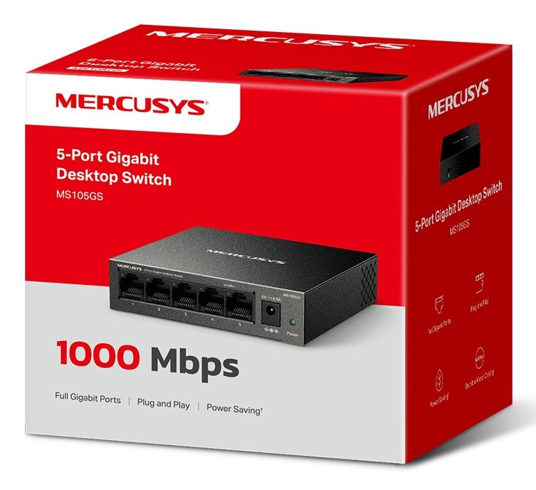 Red and white product box for a Mercusys 5-port Gigabit desktop switch, featuring an image of the device.