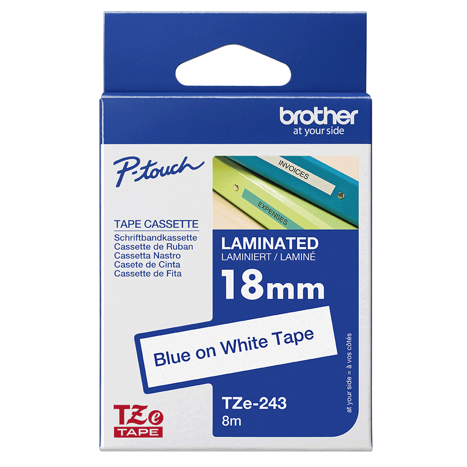 Casete de cinta laminada Brother P-Touch TZe-243 de 18 mm azul sobre blanco en su embalaje.