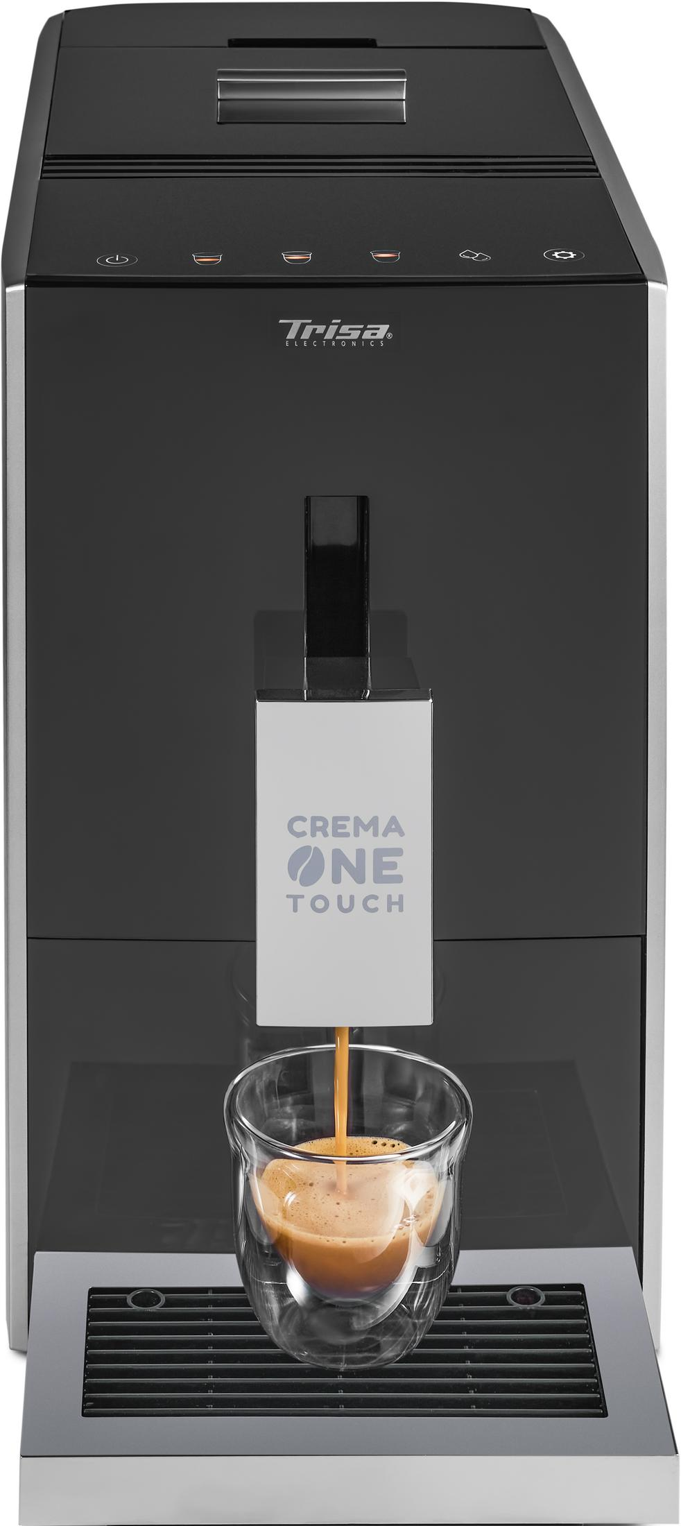 Una macchina da caffè nera Trisa Crema One Touch versa l'espresso in un bicchiere.